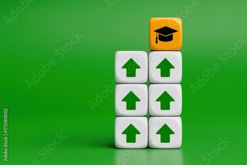 Achieving higher education and career advancement shown by a graduation cap at the peak of upward arrow blocks