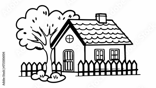 Illustration of a house with a tree and a fence in a simple black and white drawing style design scene created with generated ai 