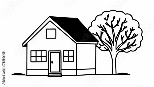 Illustration of a simple house with a tree next to it in black and white outline style design art created with generated ai 