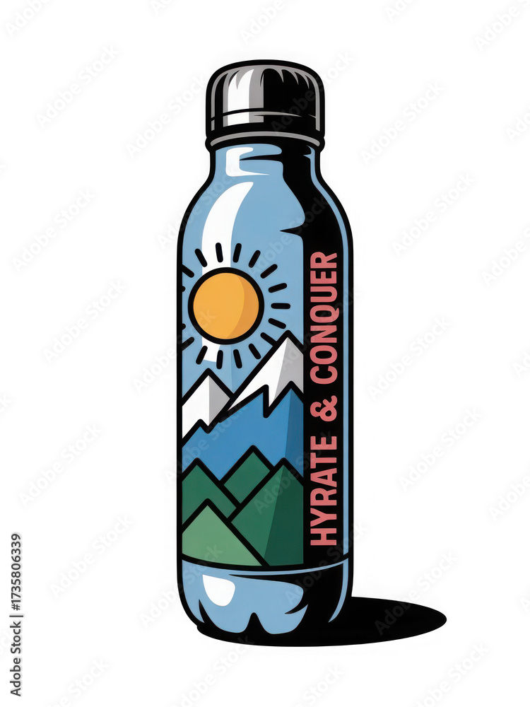 Fototapeta premium Plastic water bottle with a mountain and sun illustration isolated on a transparent background for outdoor adventure branding projects.
