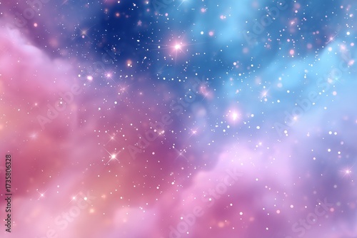 Dreamy, abstract background of pink and blue nebula clouds with shimmering stars and sparkling light effects in space.