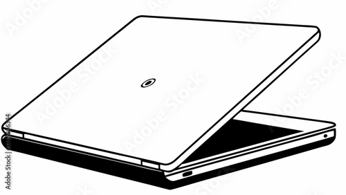 An outline drawing of a laptop computer, slightly open, with a small circle on the top cover panel created with generated ai 
