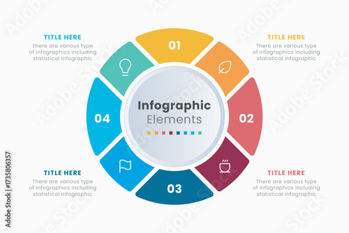Infographic elements design template, A circle infographic with 8 steps can be used for workflow layout, presentation, diagram, banner, web design, and vector illustration.	