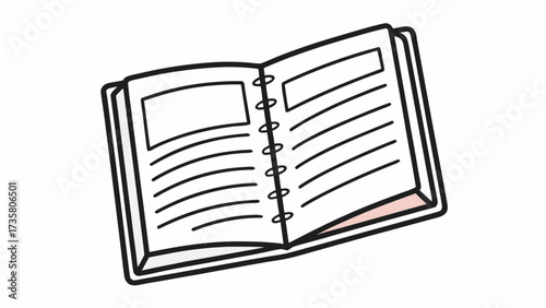 Illustration of an open notebook with lined pages and a visible spiral binding on a white background created with generated ai 