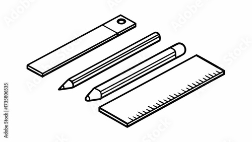 Isometric view of a pencil sharpener two pencils and a ruler on a white background design element created with generated ai 