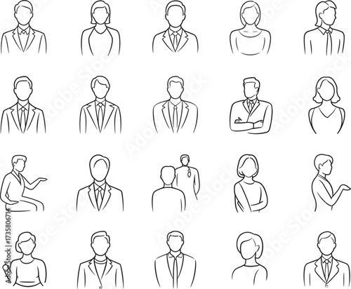 Business people line art, professional avatar illustration, corporate team sketch, office workers outline, leadership concept, teamwork drawing, human resources icons, management