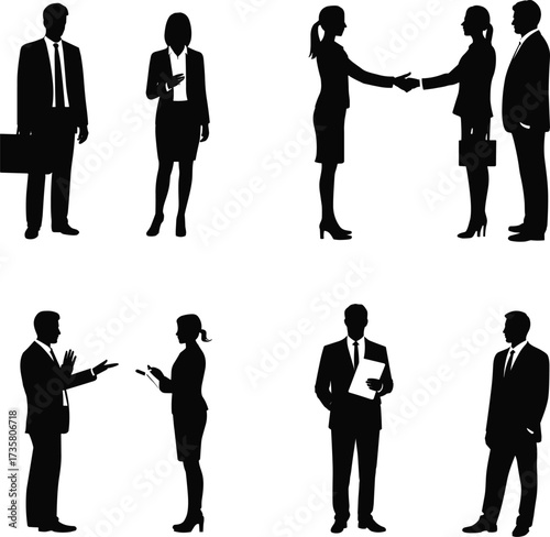 Business people silhouette illustration, professional teamwork, office communication, corporate meeting, partnership handshake, collaboration, leadership, management, business strategy design
