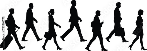 Business people walking silhouette, corporate professionals, men and women, office workers, business travel, teamwork mobility, urban commute, lifestyle, success, working career