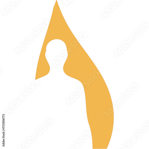 A minimalist design featuring a white silhouette of a person within a stylized golden teardrop shape