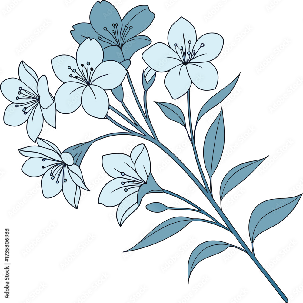 Fototapeta premium Elegant floral vector with delicate blue flowers and leaves, perfect for décor, patterns, invitations, textiles, and nature-inspired designs.