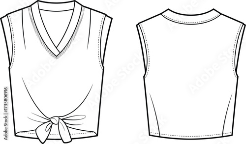 Flat sketch vector sleeveless blouse with deep v-neck rib trim and tie front, summer fashion top apparel cad template
