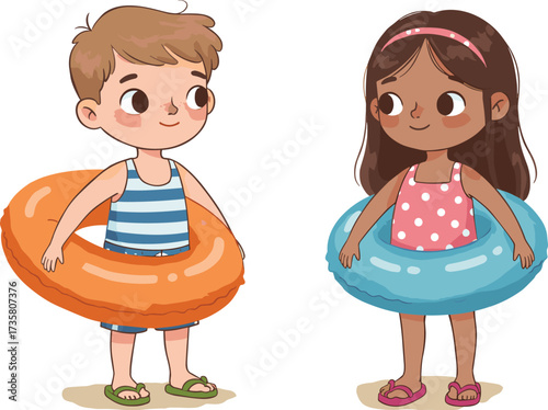Cartoon boy and girl with swim rings, summer beach vacation illustration of happy kids playing in water, fun holiday vector