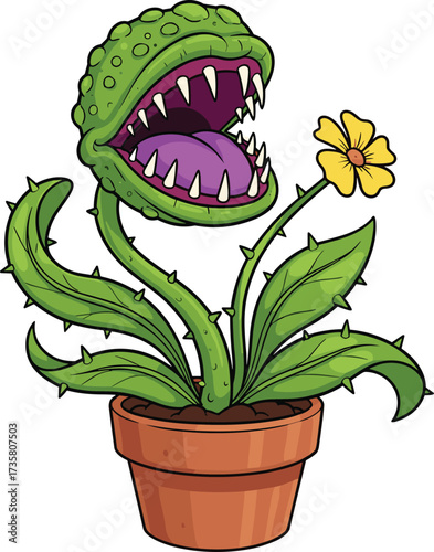 Cartoon carnivorous plant illustration, dangerous monster flower with sharp teeth, fantasy horror vegetation artwork, scary Venus flytrap design in clay pot