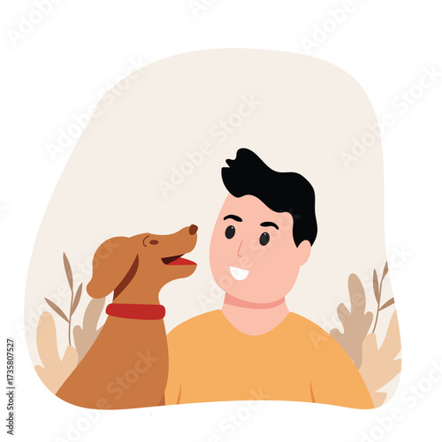 Young man with cute dog portrait. Happy Pet and owner spending time together. vector illustration