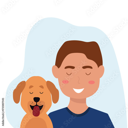 Young man with cute dog portrait. Happy Pet and owner spending time together. vector illustration