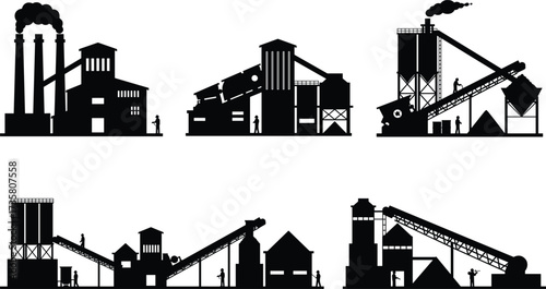 Black silhouette industrial factories vector set, chimneys with smoke, storage tanks, conveyors, machinery, human workers, chemical plant, urban industry, environmental impact illustration