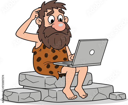 Cartoon caveman using laptop, funny prehistoric man illustration, stone age technology concept, confused character with computer, digital humor artwork, vector design