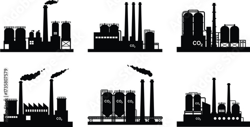 Black and white industrial factory pollution vector, CO₂ emission plants, smoke chimneys, storage tanks, environmental impact illustration, climate change, urban industry silhouette design