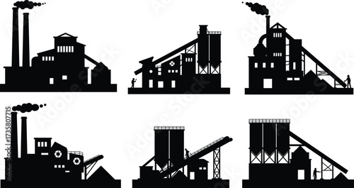 Black silhouette industrial factories vector set, chimneys with smoke, storage tanks, conveyors, towers, machinery, human workers, chemical plant, urban industry, environmental impact illustration