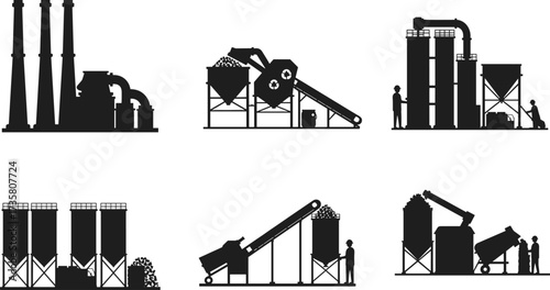 Black silhouette industrial factories vector set, chimneys with smoke, silos, conveyors, machinery, loaders, human workers, urban industry, environmental impact, manufacturing process illustration