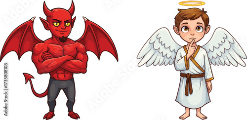Cartoon devil and angel characters, good versus evil concept, heaven and hell illustration, moral choice design, fantasy artwork, spiritual symbolism cartoon