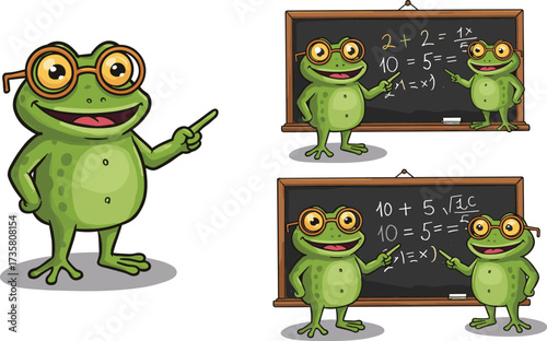Cartoon frog teacher with glasses teaching math on chalkboard, cute frog character pointing at equations, educational animal illustration vector
