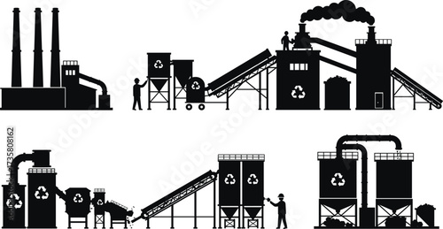 Black silhouette industrial recycling factories vector set, chimneys with smoke, storage tanks, conveyors