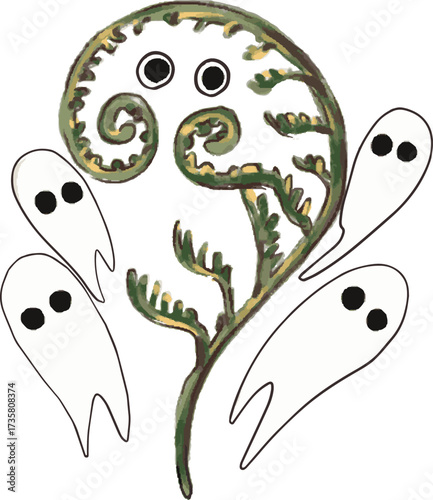 A creative illustration featuring a swirling, textured green fiddlehead fern or young frond with two ghostly eyes drawn into the curl, making it look like a creature. Four simple white ghost outlines 