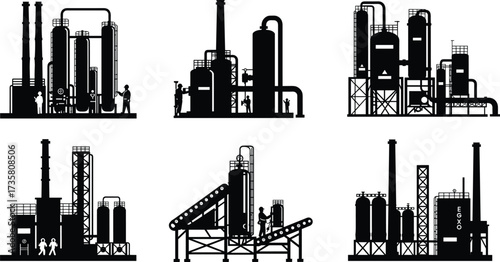 Industrial factory silhouette vector illustration, chemical plant refinery icons, oil and gas facility structures, power generation infrastructure, black and white industrial design