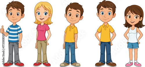 Cartoon illustration of diverse children characters, boys and girls standing together, casual clothing, smiling faces, happy kids, vector design, childhood fun