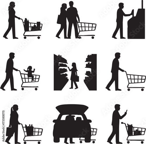 Grocery Shopping and Supermarket Silhouettes Vector Icon Set
