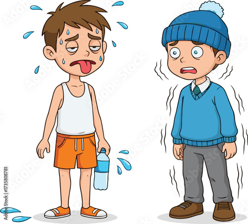 Cartoon illustration of hot sweating boy and cold shivering boy, extreme weather temperature effects, heat exhaustion, freezing winter clothing concept