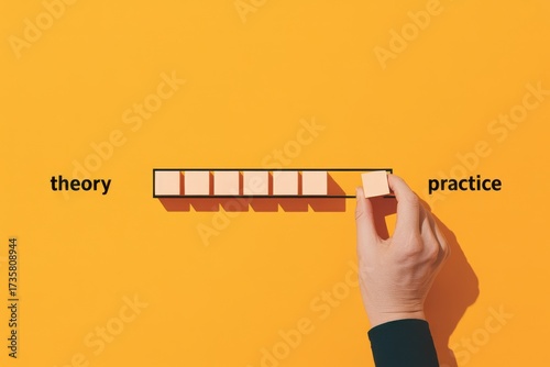 A hand building a progress bar from theory to practice, symbolizing the journey of learning, skill development, and applying knowledge
