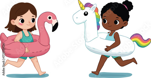 Cartoon kids running with swimming float rings, summer pool fun, cute children illustration, inflatable unicorn and flamingo, happy holiday design