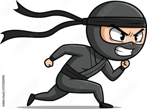 Cartoon ninja character running fast, black outfit warrior, stealth fighter design, martial arts assassin artwork, action hero illustration, Japanese ninja cartoon