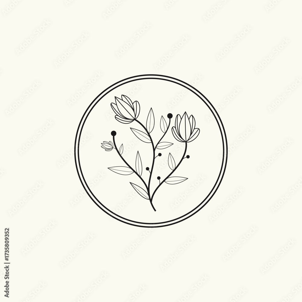 Fototapeta premium Floral emblem with flower and leaves isolated on white background, botanical design