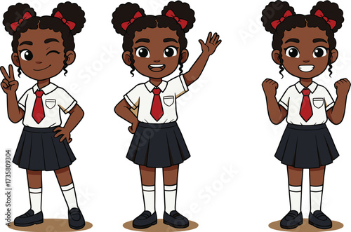 Cartoon schoolgirl character set, cute student in uniform, smiling girl poses, educational illustration, classroom design, learning concept, child vector artwork