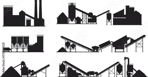 Industrial factory silhouette, processing plant, conveyor belt system, silo storage, crusher machine, refinery structure