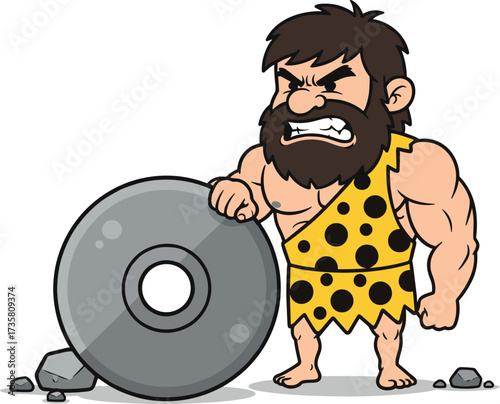 Cartoon strong caveman character, angry prehistoric man illustration, stone age warrior with wheel, muscular primitive man artwork, ancient character design vector