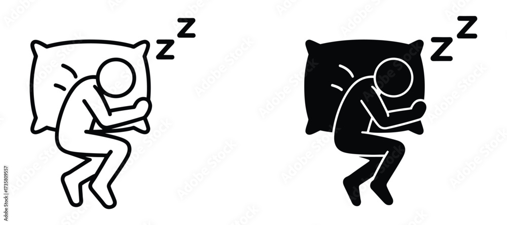 Illustration of a person sleeping soundly on a pillow, depicted in both a white outline and a black silhouette, the z symbols indicate sleep