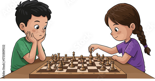 Children playing chess game, boy and girl thinking moves, educational board game, strategy learning, kids competition, cartoon illustration, classroom activity