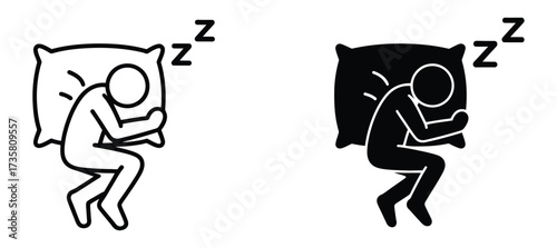 Illustration of a person sleeping soundly on a pillow, depicted in both a white outline and a black silhouette, the z symbols indicate sleep