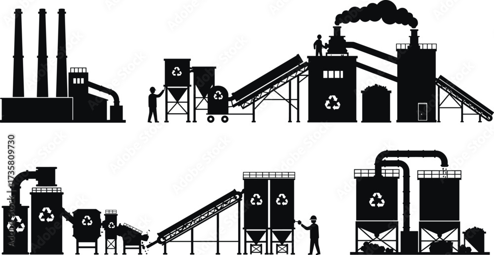 Obraz premium Industrial recycling factory vector illustration, waste management plant with workers, conveyor belt process, eco-friendly sustainability