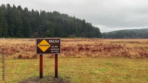 Handheld wide panning shot of a wild elk warning sign at Prairie Creek Redwood State Park in Northern California. 4K