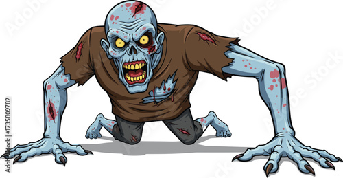 Creepy cartoon zombie crawling forward, scary undead monster with blue skin, yellow eyes, sharp teeth, horror character design, Halloween illustration art