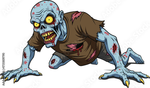 Creepy cartoon zombie crawling forward, scary undead monster with glowing yellow eyes, sharp teeth, torn clothes, horror Halloween character design illustration