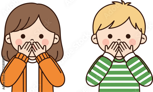 Cute cartoon children covering mouth, surprised kids illustration, shocked boy and girl clipart, emotional expression, child reaction, funny character drawing