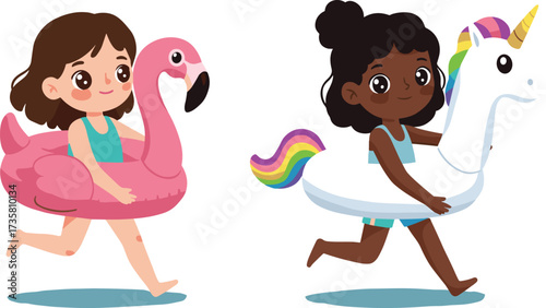 Cute cartoon kids running with swimming float rings, summer pool fun, inflatable unicorn and flamingo, children holiday beach illustration, playful design