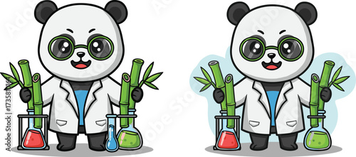 Cute cartoon panda scientist with glasses holding bamboo and laboratory flasks, science experiment, chemistry research illustration, adorable animal character design