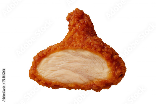Fried chicken nugget showing a golden crispy breading and juicy white meat inside. Presenting popular fast food item